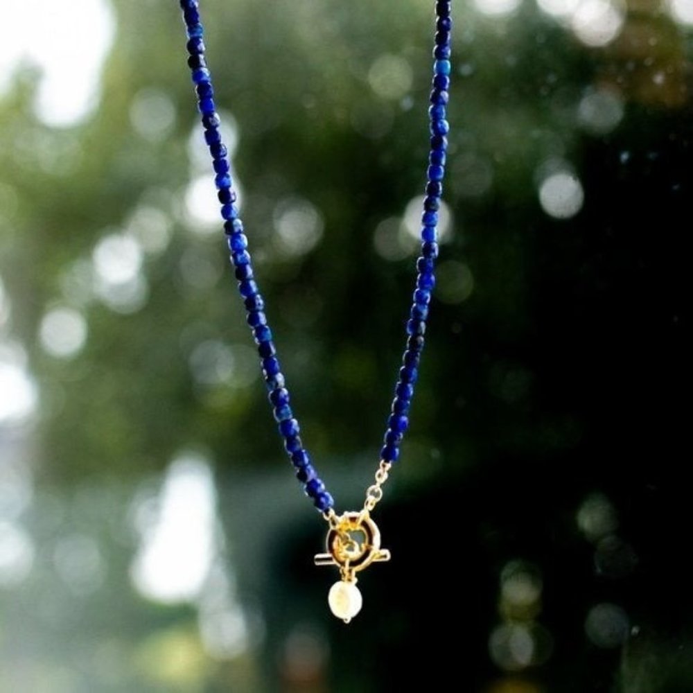 Blue Lapis Lazuli Gemstone Necklace Gold Toggle Clasp Removable Baroque Pearl